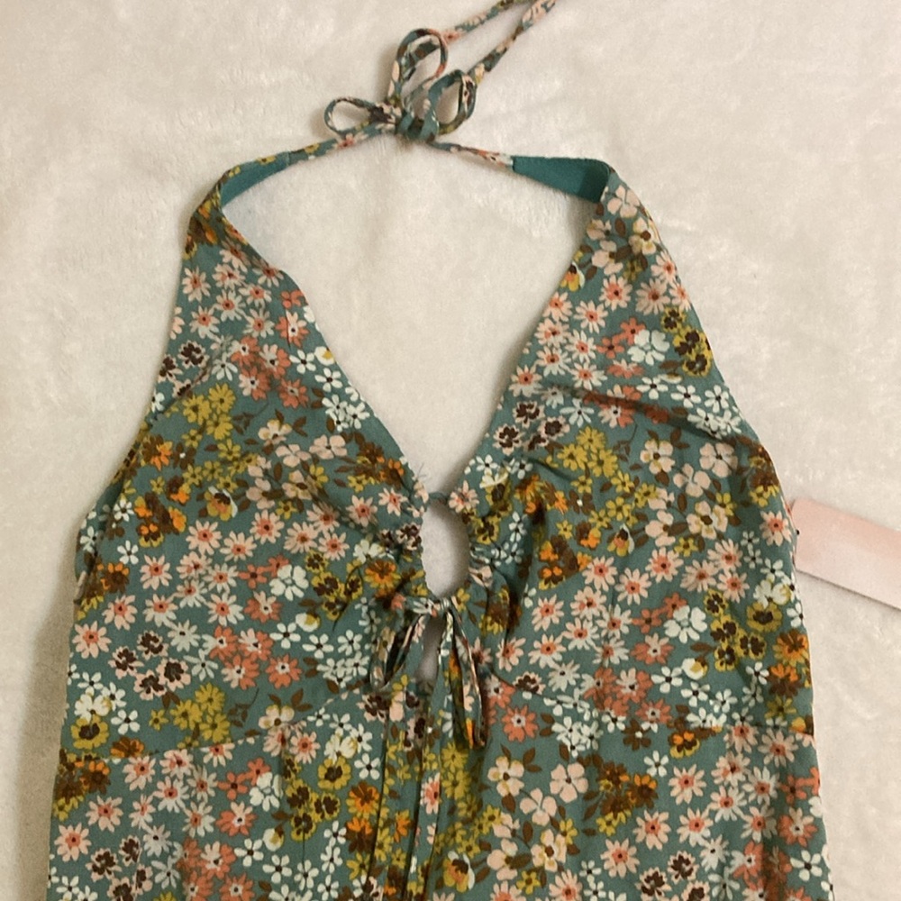 Inspired Hearts halter-maxi dress, large, green with multi colored flowers NWT